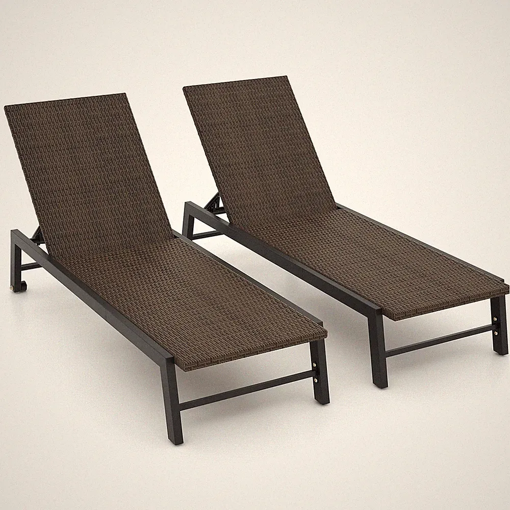 2PCS PE Wicker Outdoor Chaise Lounge Chair w/Wheels Reclining Chair for Poolside
