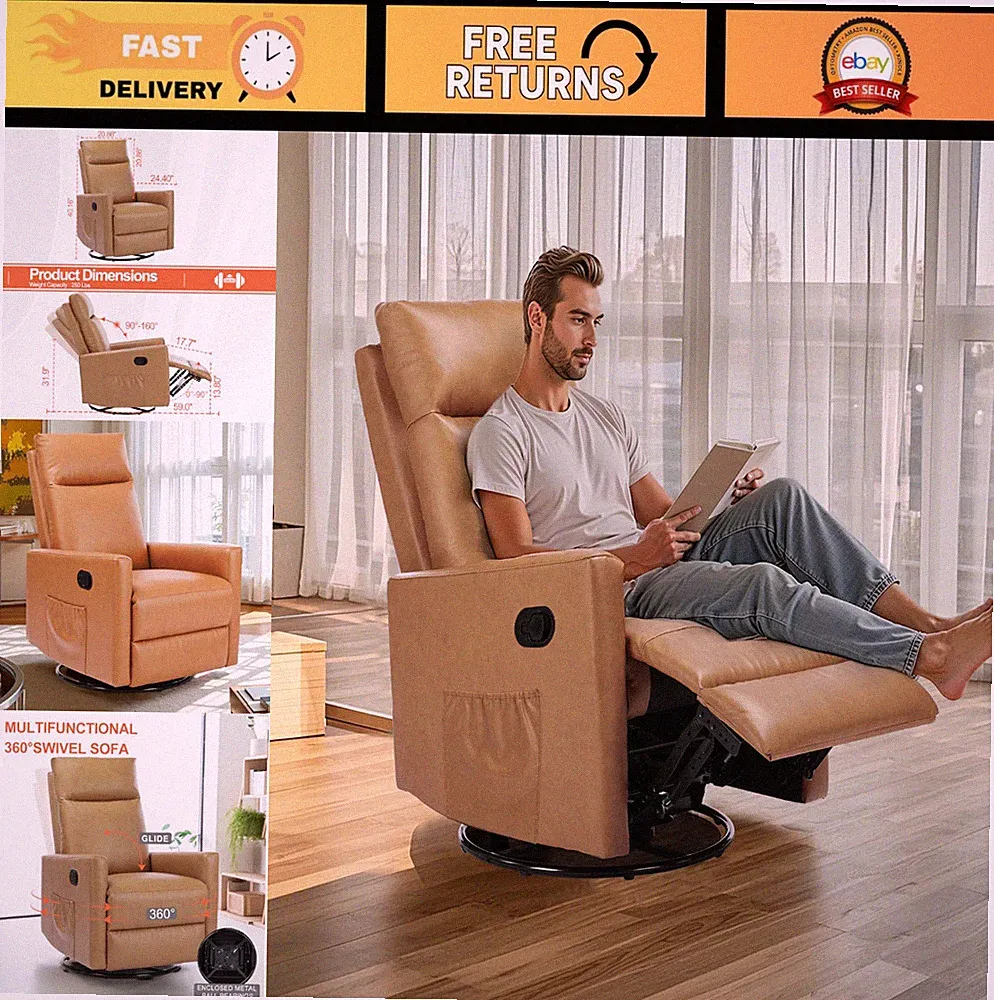 360° Swivel Rocker Recliner Chair for Adults, High Back Glider, Upholstered Deep