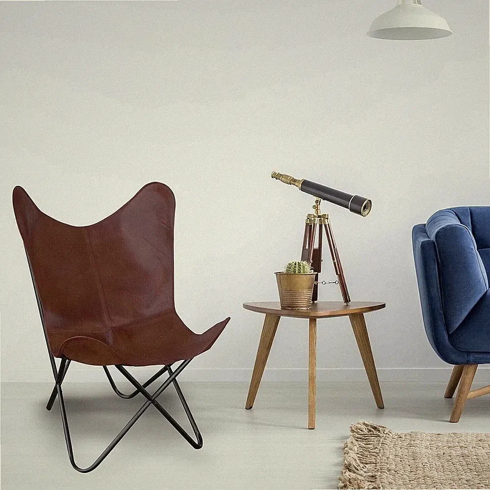 Butterfly Chair for Relaxing New Home Decor DarkBrown Leather With Foldable Iron