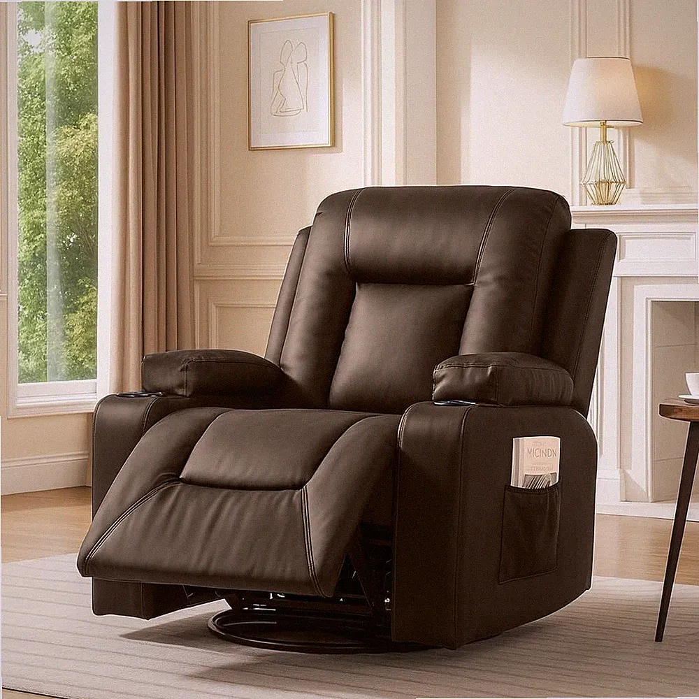 Recliner Chair,PU Rocking Chair for Adults,Swivel Recliner with Cup Holders,S...